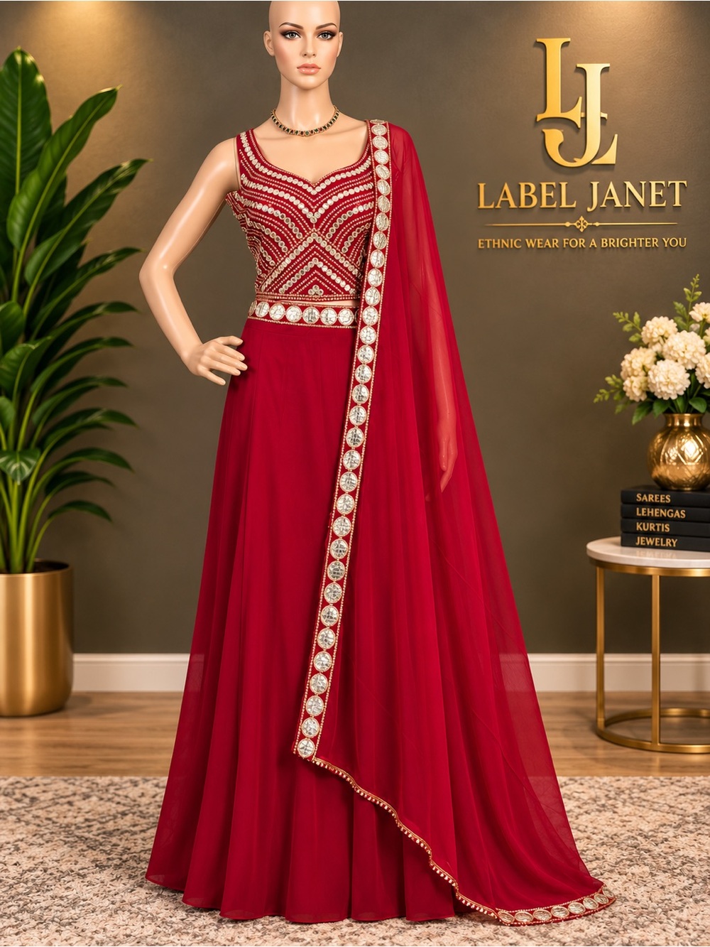 Red Embellished Women's Anarkali Dress,Size - L (40”)